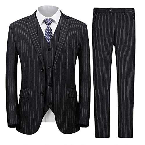 Men's 3 Pieces Suit Pinstripe One-Button Slim Fit Stripe Notched Lapel Blazer Vest Pants Sets