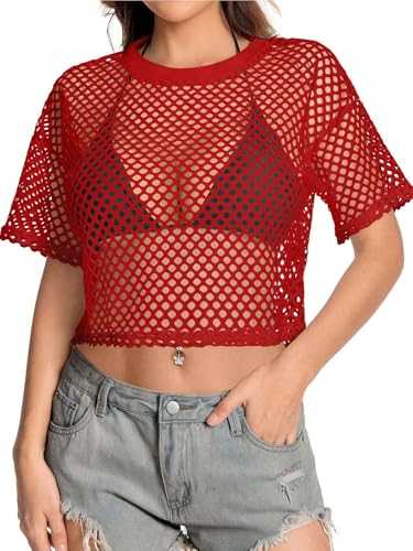 Women's Mesh Top Fishnet T Shirts Sheer Loose Short Sleeve See Through Crop Tops