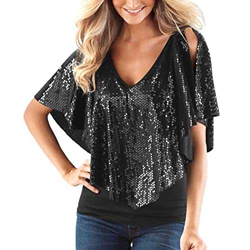 Sparkly Tops For Women Uk Women's Solid Color V Neck Strapless Shawl Sleeve Off Shoulder Short Sleeve Sequin T Shirt Glitter Sequin Blouse Shiny Metallic Dance Crop Top Going Out Rave Outfits Clubwear