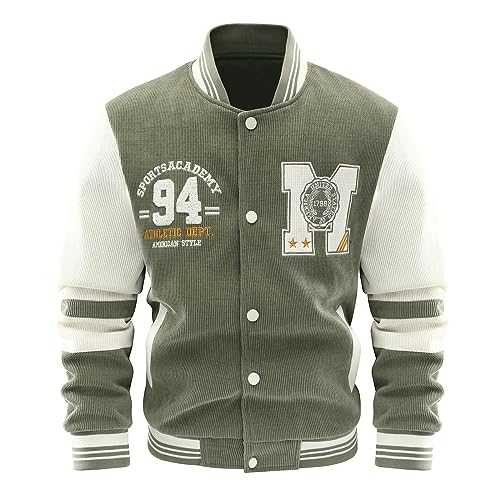 Dipucool Men's Corduroy Vintage Varsity Jacket Regular Fit Graphic Print Letterman Baseball Bomber Jackets