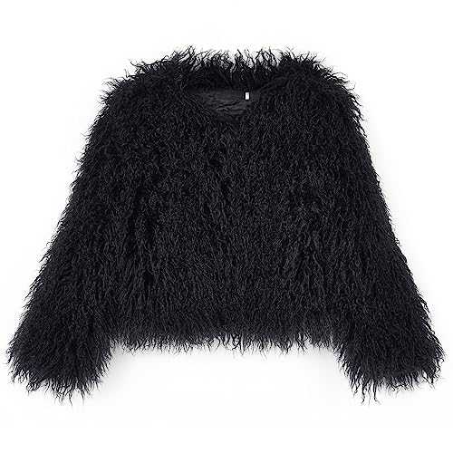 YUAKOU Women's Shaggy Faux Fur Outwear Coat Jacket Long Sleeve Warm Winter - Black - Medium