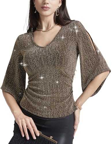 PEIQI Women's Shiny Top 3/4 Sleeve Shimmer Glitter Sparkly Blouse for Cocktail Party Evening Shirt