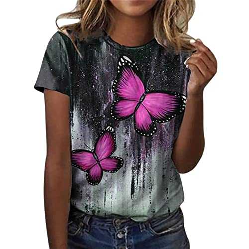 Generisch Women's Summer Fashion Casual Floral Printed Short Sleeve O-Neck Pullover Tops Glitter Top