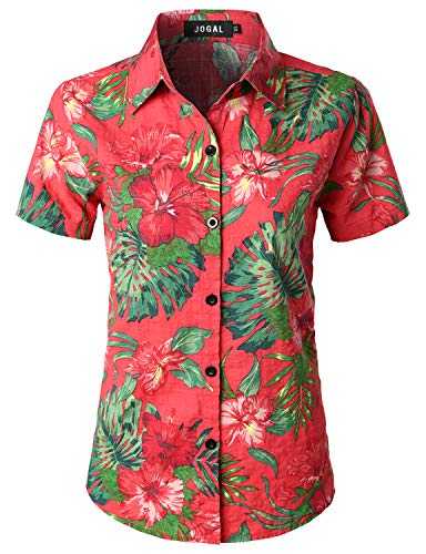 JOGAL Women's Floral Blouse Casual Button Down Short Sleeve Aloha Tropical Hawaiian Shirt