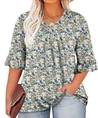 Micoson Womens Plus Size Tops 3/4 Ruffle Sleeve Shirt Casual V Neck Pleated T Shirt Loose Fit Tunic Blouse(1X-5X)