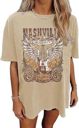 Nashville Music City T-Shirt for Women Country Music Oversized Shirt Rock Band Tshirt Vintage Guitar Graphic Tees Tops