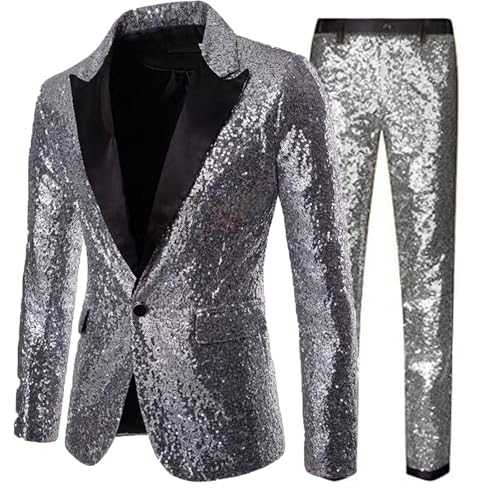 Mens Slim Fit 2 Piece Suit Business Casual Blazer Trousers Mens Formal Suits 2 Piece Regular Fit 1 Button Tuxedo Suits Shinny Jacket Trousers for Wedding Party Vintage Fashion Suit Set