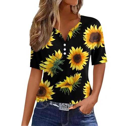 Women's T Shirt Tee Print Button Short Sleeve Daily Weekend Fashion Basic V- Neck Regular Top Summer