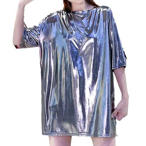 Agoky Womens Shiny Metallic Plus Size Short Sleeve T-Shirt Top Loose Dress for Nightclub Disco Dance