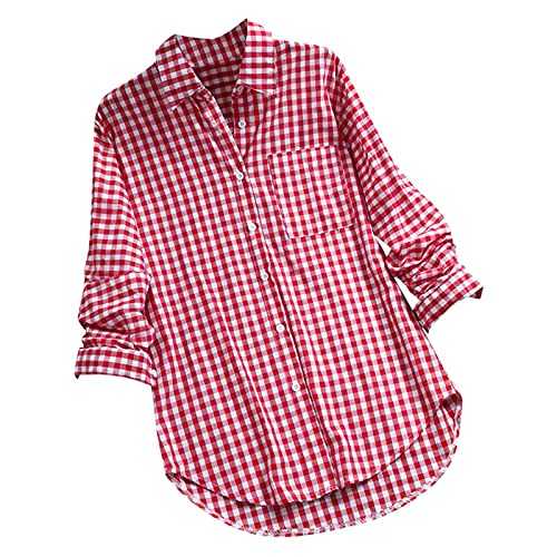 Women's 's Blouses & Shirts Casual Loose Plaid Long Sleeve Pocket Lapel Vintage Shirt Shirts and Blouses, M-5XL