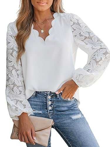 CUPSHE Women Blouse Floral Lace Scalloped Top Long Sleeve V Neck Elegance Shirt