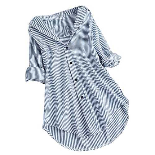 Striped Shirts for Women UK Sale,Red and White Striped Button up Shirts Cuffed Sleeves Loose Fit Blouse Roll Up V Neck Casual Summer Tee Tops Ladies Tunic Blouses for Work Office Plus Size 20-22