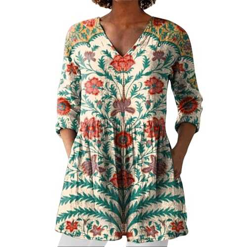 Womens Linen Tops with Pockets Summer Vintage Floral Printed Tunic Top V Neck 3/4 Sleeve T-Shirt Baggy Swing Tee Shirts Casual Trendy Blouse Plus Size
