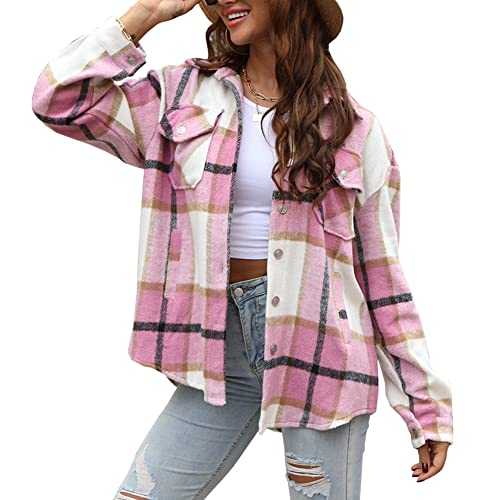 Womens Casual Flannel Wool Blend Plaid Lapel Button Down Long Sleeve Shacket Jacket Coat Winter Loose Shirts