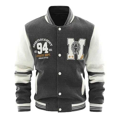 Men's Corduroy Vintage Varsity Jacket Regular Fit Graphic Print Letterman Baseball Bomber Jackets