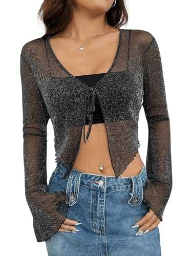GORGLITTER Women's Glitter Mesh Sheer V Neck T Shirts Long Sleeve Tie Asymmetrical Slit Fitted Crop Tops