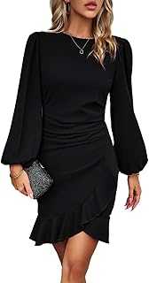 Cocktail Dresses for Women Long Puff Sleeve Bodycon Ruffle Hem Elegant Evening Dress for Women UK Ladies Party Dresses