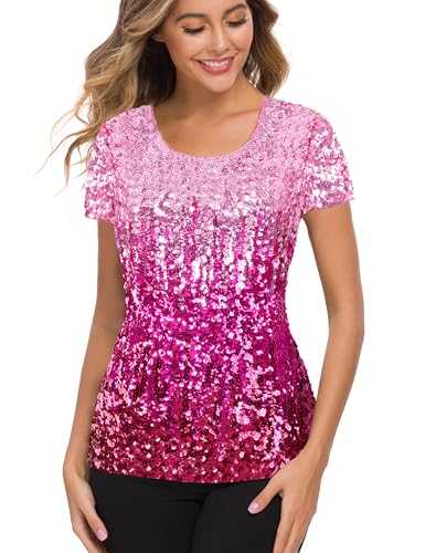 MANER Women’s Full Sequin Tops Glitter Party Shirt Short Sleeve Sparkle Blouses S-4X