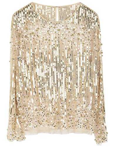 PrettyGuide Women's Sequin Blouse See Through Shirts Beaded Sparkly Party Tops