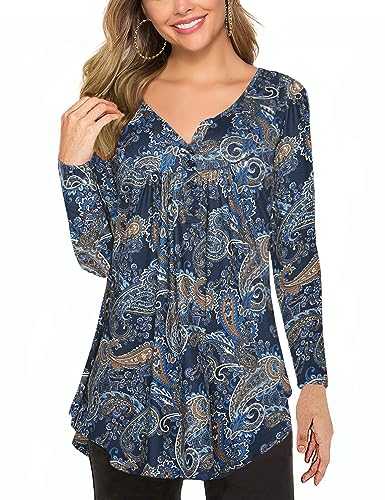 Halife Women's Floral Printed Long Sleeve Henley Shirts V Neck Pleated Casual Flare Tunic Blouse Tops, Dark Blue, Large