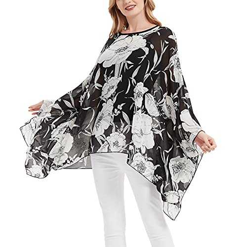 Wiiiwish Women's Loose Solid Long Batwing Sheer Chiffon Caftan Wrap Poncho Tunic Top Topper