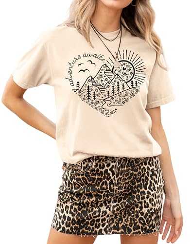 MAPICK Women's Adventure Awaits Graphic T-Shirts Kindness Heart Printed Hike Mountain Nature Travel Casual Tee Tops