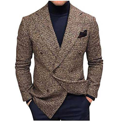Men's Blazers UK Sale Clearance, Tweed Jacket for Men Casual Double Breasted Blazer Jacket Vintage Formal Suit Jackets Regular Fit Long Sleeves Smart Suit Blazer for Wedding Business