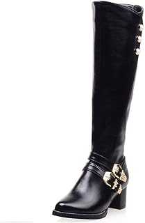 Women Knee High Boots Side Zipper Short Plush Autumn Winter Warm Buckle Decoration Square Heels
