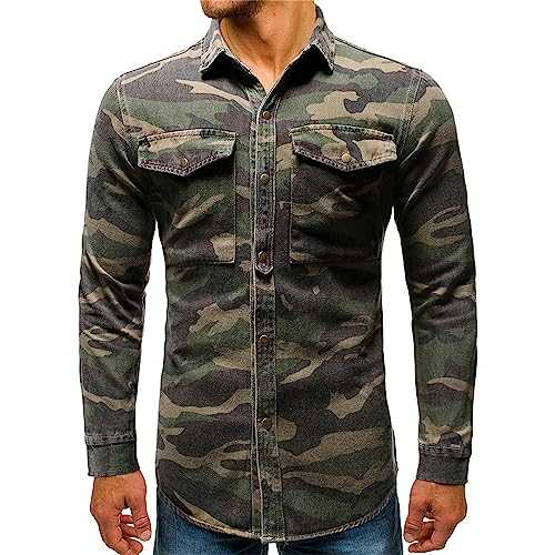 NQyIOS Linen Shirts Men, 2023 New Men's Long Sleeve Camouflage Outdoor Mountaineering Tooling Denim Clothes Button Down Regular Fit Tops Christmas T Shirts Mens Sale Clearance
