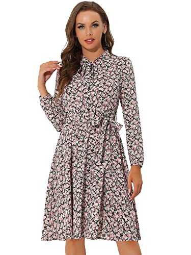 Allegra K Women's Tie Neck Chiffon Long Sleeves Vintage Floral Print Belted Dress