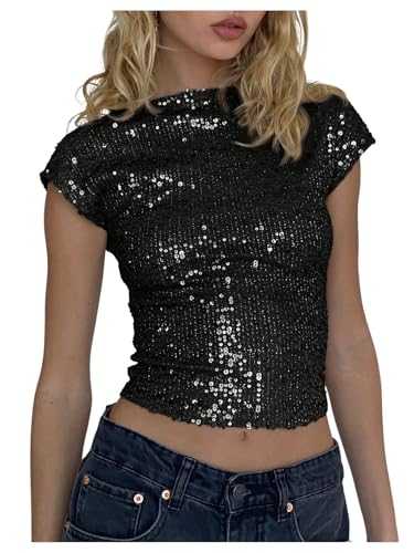 GORGLITTER Women's Sequin Open Back Crop T Shirts Boat Neck Cap Sleeve Slim Fit Club Cropped Tops