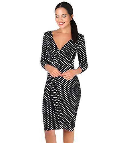 KRISP Women Polka Dot Wrap Long Sleeve Midi Dress V-Neck Spots Stretch Jersey Party Casual Going Out