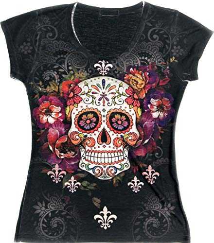 Sweet Gisele Sugar Skull Shirts for Women, V Neck T Shirt Tee, Beautiful Print Decorated with Rhinestones