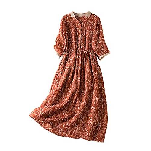 Summer Dresses for Women UK Clearance Casual Vintage Floral Cotton Linen Shirts Dress V Neck Short Sleeve Loose Midi Dresses Oversized Ladies Dresses Party Beach Flowy Sundress Vacation Wear