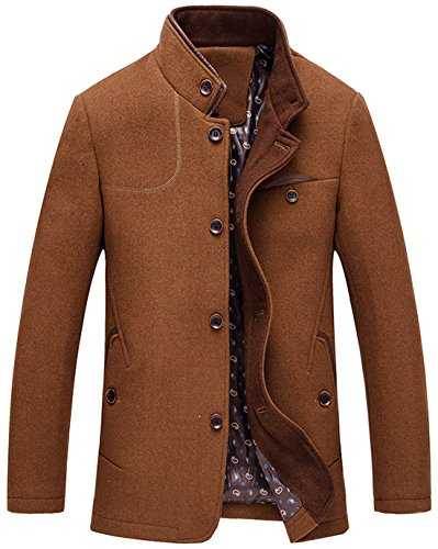 chouyatou Men's Gentle Band Collar Single Breasted Wool Blend Pea Coat - Brown -