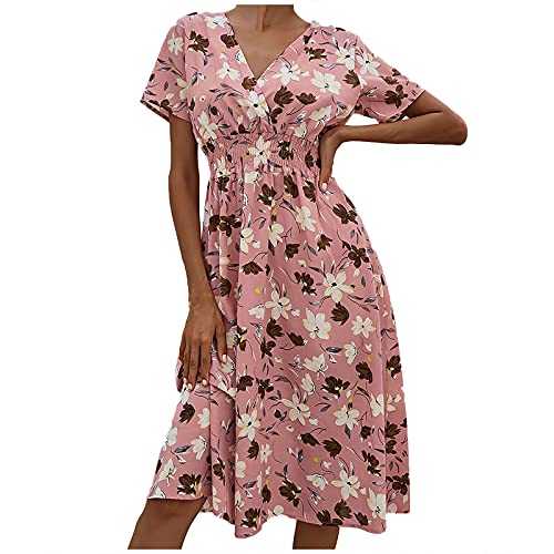 Fashion Women Summer Casual Print Dress V-Neck Short Sleeve Loose Dress UK Size Party Elegant Dress Sale