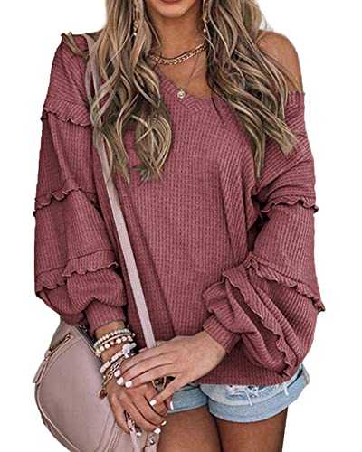 BTFBM Women’s V Neck Long Sleeve Blouse Loose Fit Tunics Ruffles Off Shoulder Waffle Knit Solid Color Tops Fall Tee Shirts