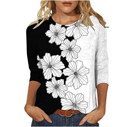 3/4 Sleeve T Shirts for Women Summer Round Neck Floral Printed Basic Tees Shirts Loose Comfy Casual Tshirts Trendy Three Quarter Length Sleeve Everyday Wear Tops Blouses