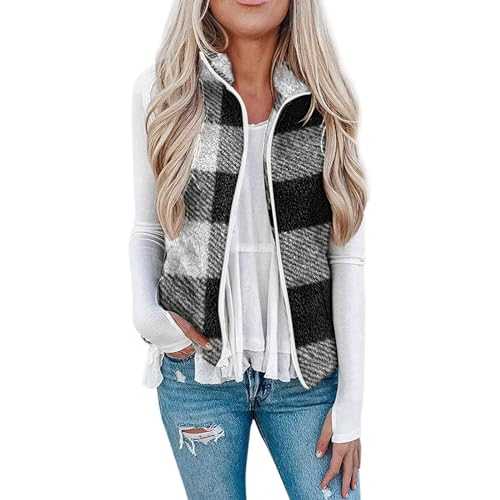 Women's Sherpa Gilet, Women Fleece Faux Fur Bodywarmer Vest with Pockets Soft Plush Teddy Fluffy Gilets Ladies Lightweight Vintage Vests Fuzzy Cozy Classic Fit Jacket Sleeveless Zip Up Waistcoat