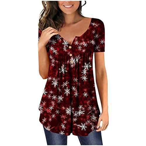 Christmas Womens Tops Short Sleeve T Shirts Christmas Print Tees Crewneck Button Up Blouse Xmas Tshirts Jumers Casual Loose Pullover Trendy Pleated Tunic Tops for Leggings