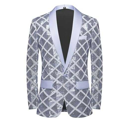 Generisch Shiny Men's Checked Sequin Suit Jacket with One Button 70s Carnival Party V-Neck Blazer Masquerade Theme Party Outfit Festive Dinner Party Costumes