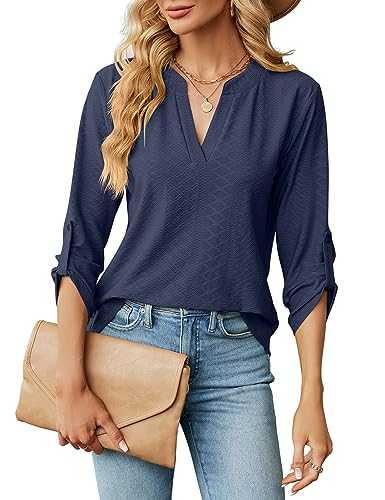 HANERDUN Women's Blouse Shirt 3/4 Sleeve Formal Work Ladies Office Tops Short Sleeve V-Neck Top