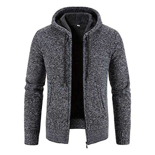 Mens Hooded Cardigans UK Sale Clearance Fleece Jacket Mens Fleece Lined Knitted Cardigan Hoodie Full Zip Knitted Jumper Sweatshirt Thicken Long Sleeve Sweater Warm Winter Coat