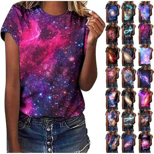 HOOUDO Galaxy T-Shirt for Women UK 3D Print Short Sleeve Summer Tops Universe Star Space Graphic Tunic Tshirt Round Neck Blouse Streetwear Clothes Plus Size