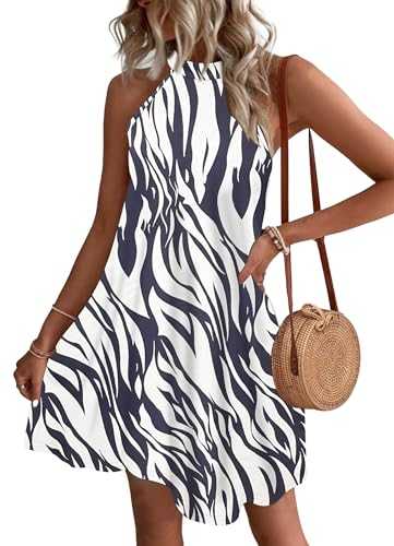 WNEEDU Womens Summer Dress Halter Neck Dresses Beach Cover-Ups Mini Sleeveless Sundress with Pockets