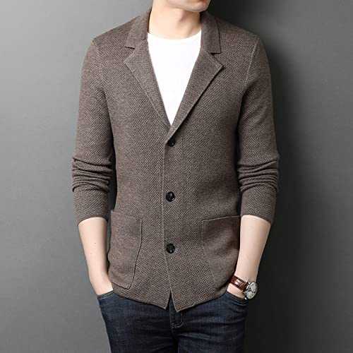 TEDZ Mens Knitted Cardigan, Blazer Cardigan Fine Knit Wool Sweater Suit Jacket Regular Fit Casual Notched Lapel Cardigan Long Sleeve Button Work Sweatshirt Brown Jumper For Men Transition Jacket