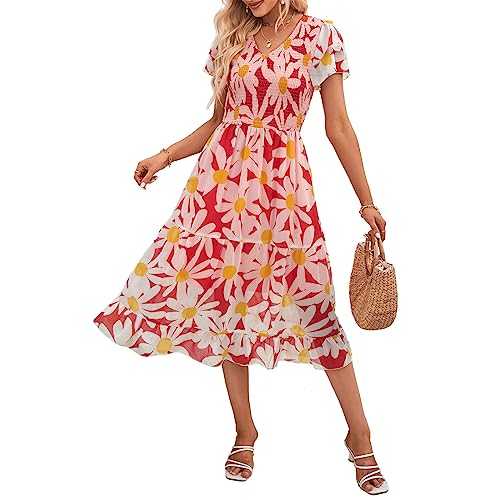 AILLOSA Women's Summer Floral Dress V Neck Short Sleeve A-Line Casual Mid Length Dress for Women