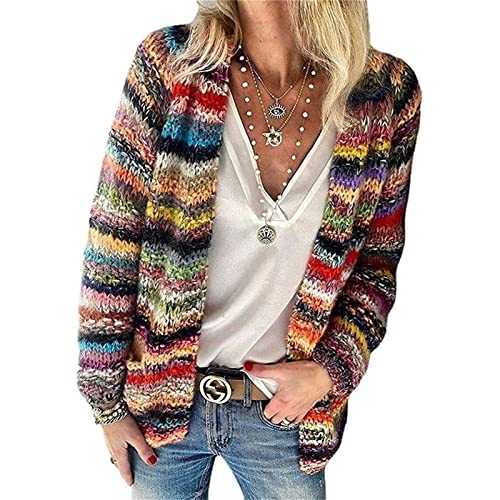 ZFLYLPA Women's Rainbow Cardigan Cardigan Sweater Multi-Colored Striped Front Open Autumn Winter Knitted Sweater Oversize Cardigan Cover Up Sweater Jacket