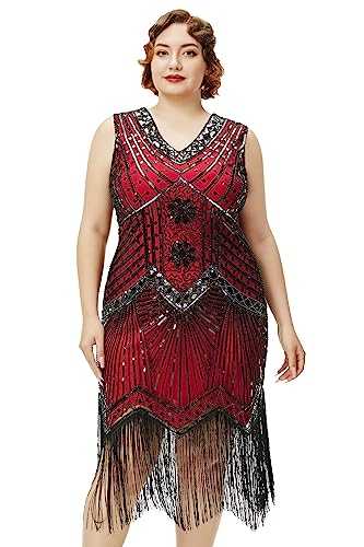 BABEYOND Women's Plus Size Flapper Dresses 1920s V Neck Beaded Fringed Great Gatsby Dress