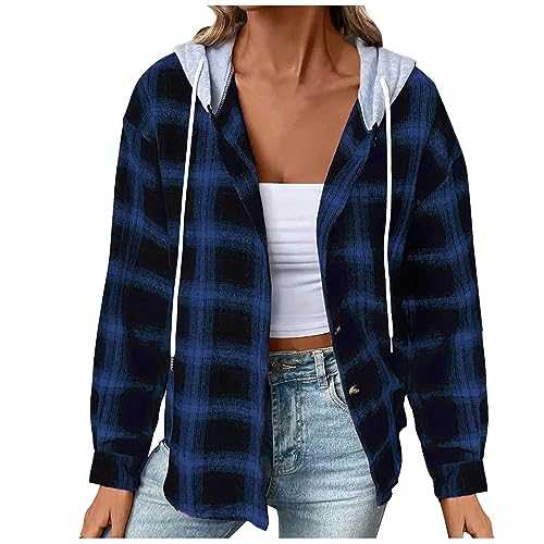 Women Long Sleeve Button Down Plaid Shirts Flannel Hooded Shacket Jacket Hoodie Coats Fall Oversized Shirts Casual Shaket Lapel Winter Coats Ladies Checked Blouse Woolen Tartan Jacket